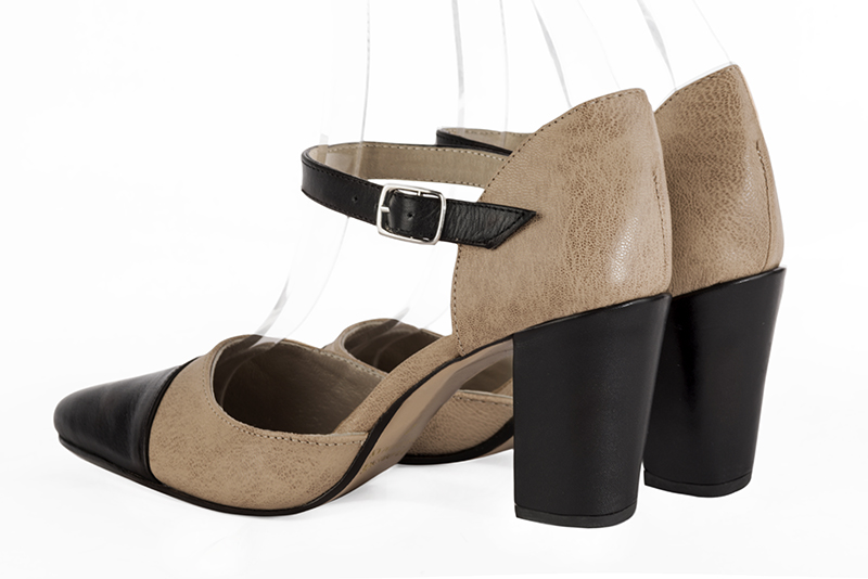 Satin black and tan beige women's open side shoes, with an instep strap. Round toe. High block heels. Rear view - Florence KOOIJMAN